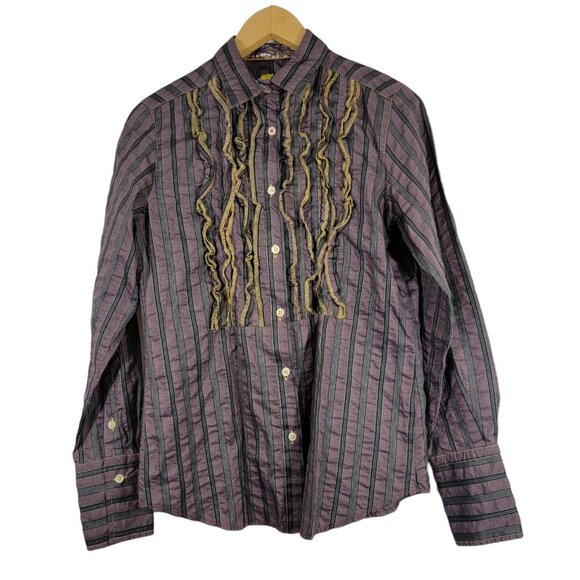 7 For All Mankind Top Button Up Ruffle Front Shirt Long Sleeve Women's Medium‎ - Picture 1 of 8